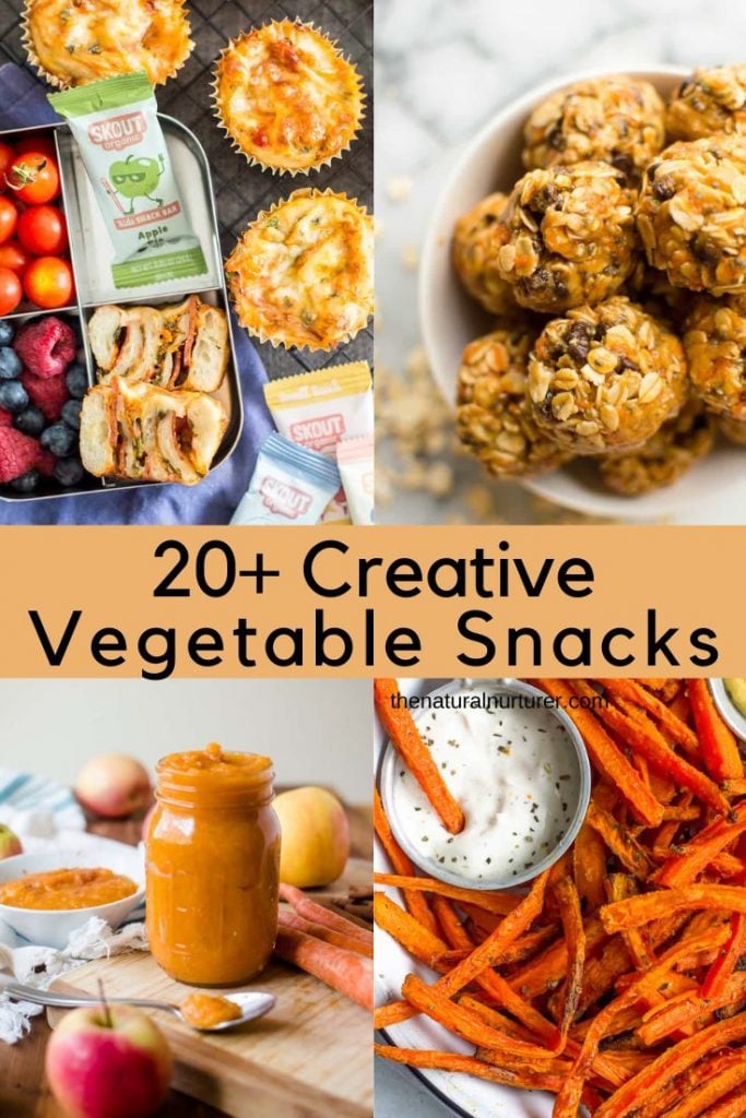 A collage of vegetable snack ideas with text saying "20+ creative vegetable snacks"