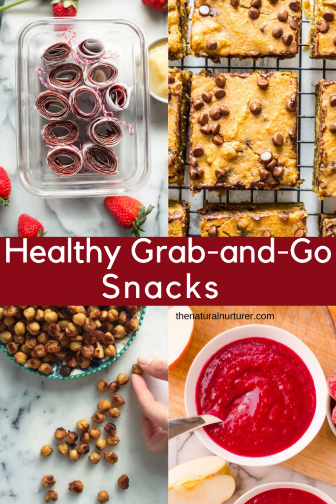 A collage of healthy on-the-go snack ideas with text saying "Healthy Grab-and-Go Snacks".