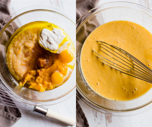 Two images. The image on the left shows the wet ingredients for butternut suqahs bread in a glas bowl before being mixed. The image on the right shows the wet ingredients whisked together.