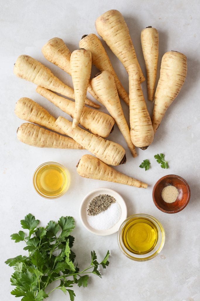 Ingredients for honey roasted parsnips.