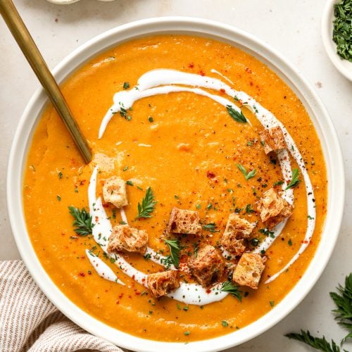Creamy Carrot Red Lentil Soup served in a big bowl