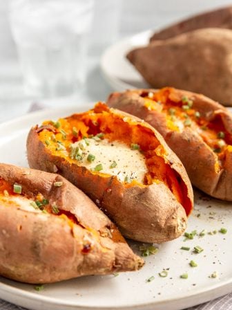 Super Easy Oven Baked Sweet Potatoes served and looking yum