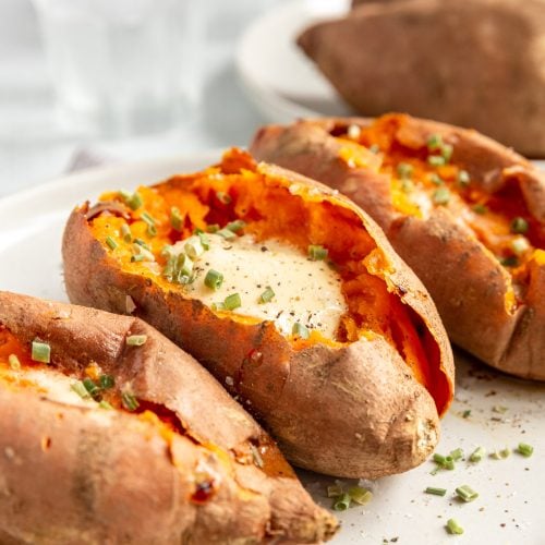 Super Easy Oven Baked Sweet Potatoes served and looking yum