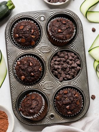 Healthy & Moist Chocolate Zucchini Muffins in a big tray