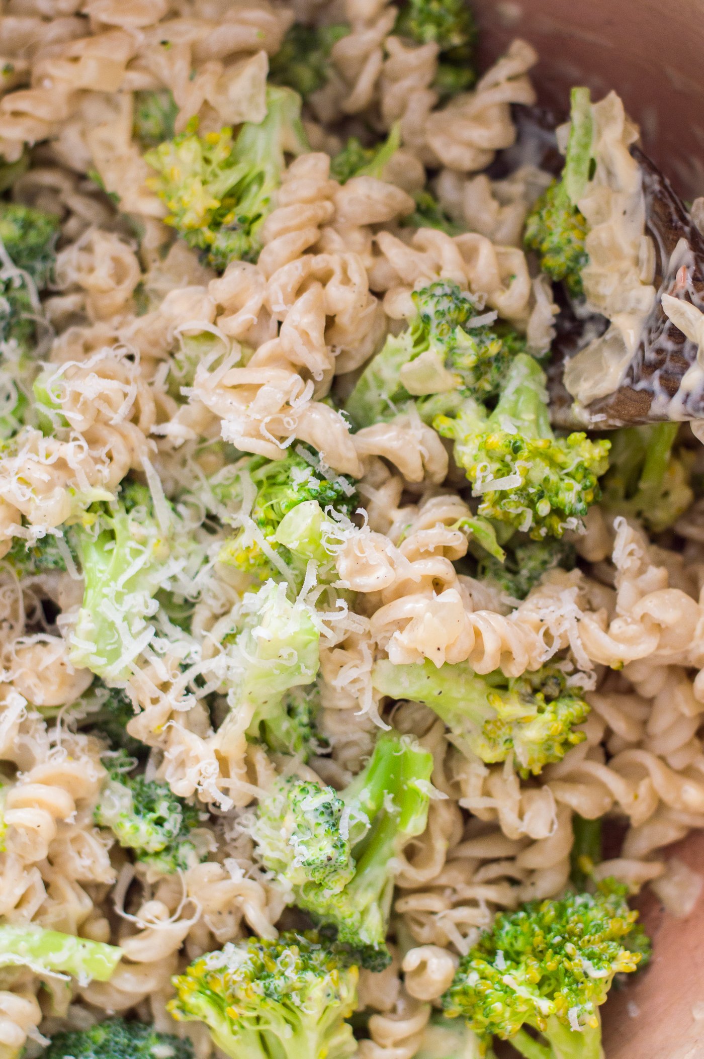 Close up of creamy broccoli pasta 