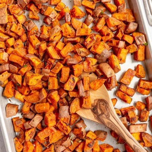 25-Minute Roasted Diced Sweet Potatoes made at home.