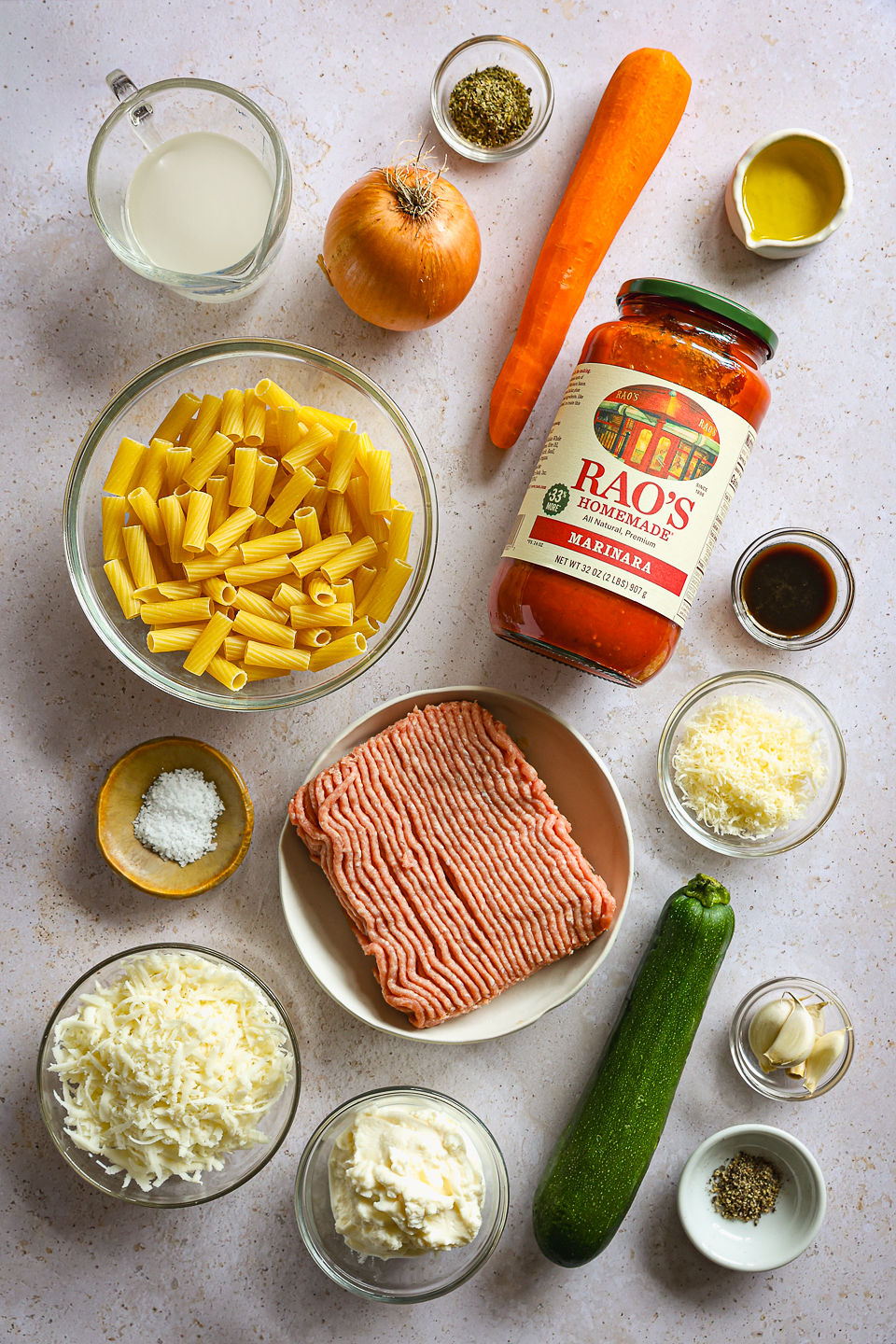 All ingredients for Turkey Skillet Lasagna sitting on the counter prior to cooking.