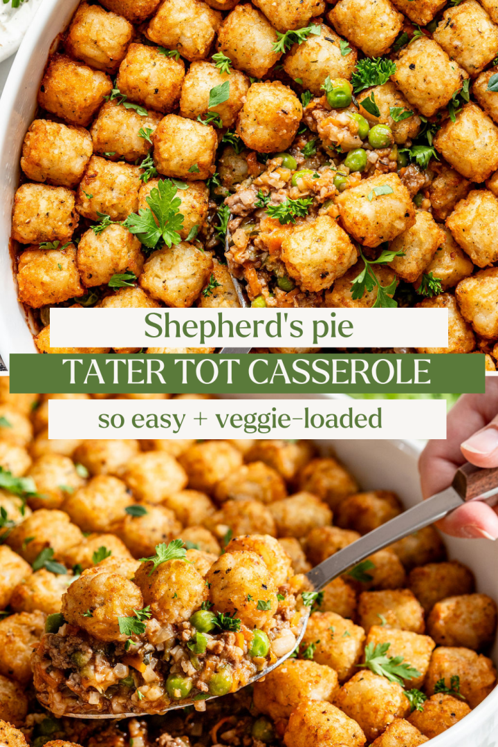 Close-up of a casserole dish filled with golden tater tots atop a savory Shepherd's Pie Tater Tot Casserole, garnished with parsley. A spoon lifts a portion, revealing hearty veggie and meat filling beneath. Text overlay: Shepherd’s Pie Tater Tot Casserole.