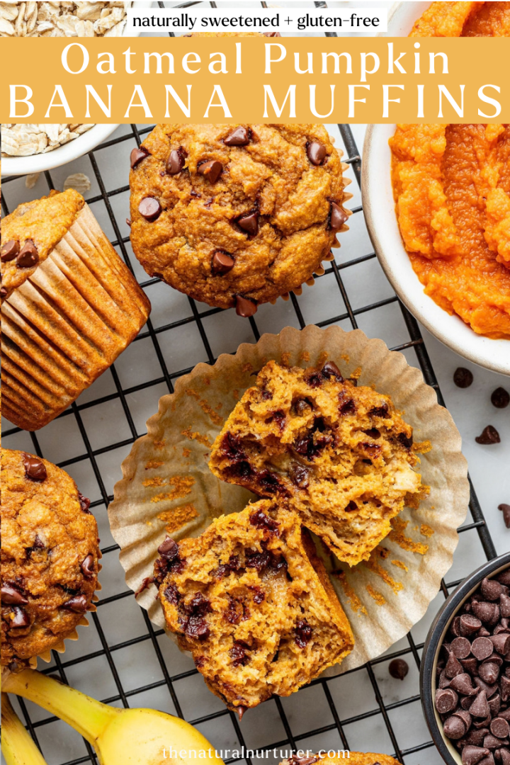 Oatmeal pumpkin banana muffins with chocolate chips on a cooling rack, some whole and one split in half, surrounded by chocolate chips, pumpkin puree, and bananas. Text overlay describes these banana pumpkin muffins as gluten-free and naturally sweetened.